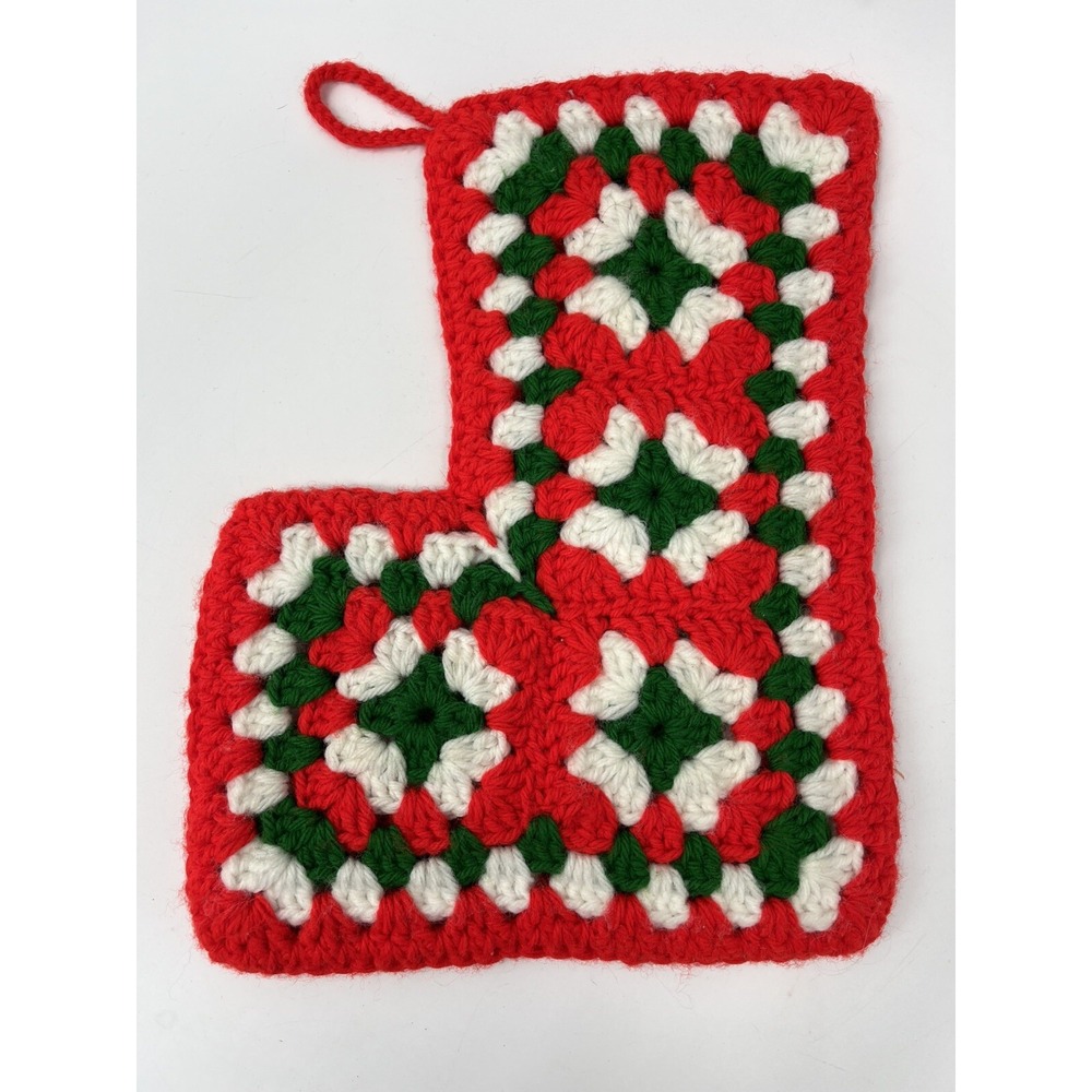 Vintage Handmade Granny Square Crochet Christmas Stocking Red Green White